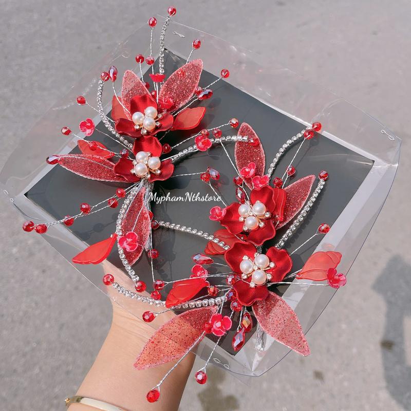 Hoa cài tóc cô dâu màu đỏ, phụ kiện cài tóc cô dâu ngày ăn hỏi-ngày cưới 6