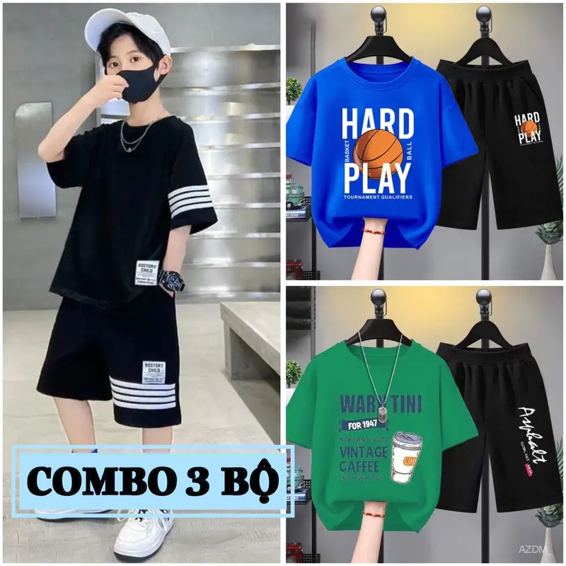 Combo 3 Bộ quần áo bé trai mùa hè size đại từ 17 đến 40kg, chất thun co giãn, mềm mát, phong cách Hàn Quốc cho bé trai từ 5 đến 14 tuổi, dáng quần đùi áo cộc tay thể thao. set đồ 4