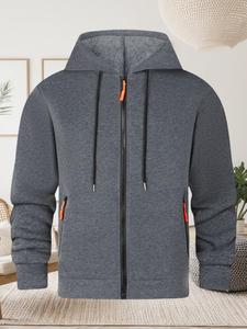 Men's Solid Color Zip Up Hooded Jacket, Regular Fit Casual Long Sleeve Outerwear for Spring & Fall, Men's Clothes for Daily Wear