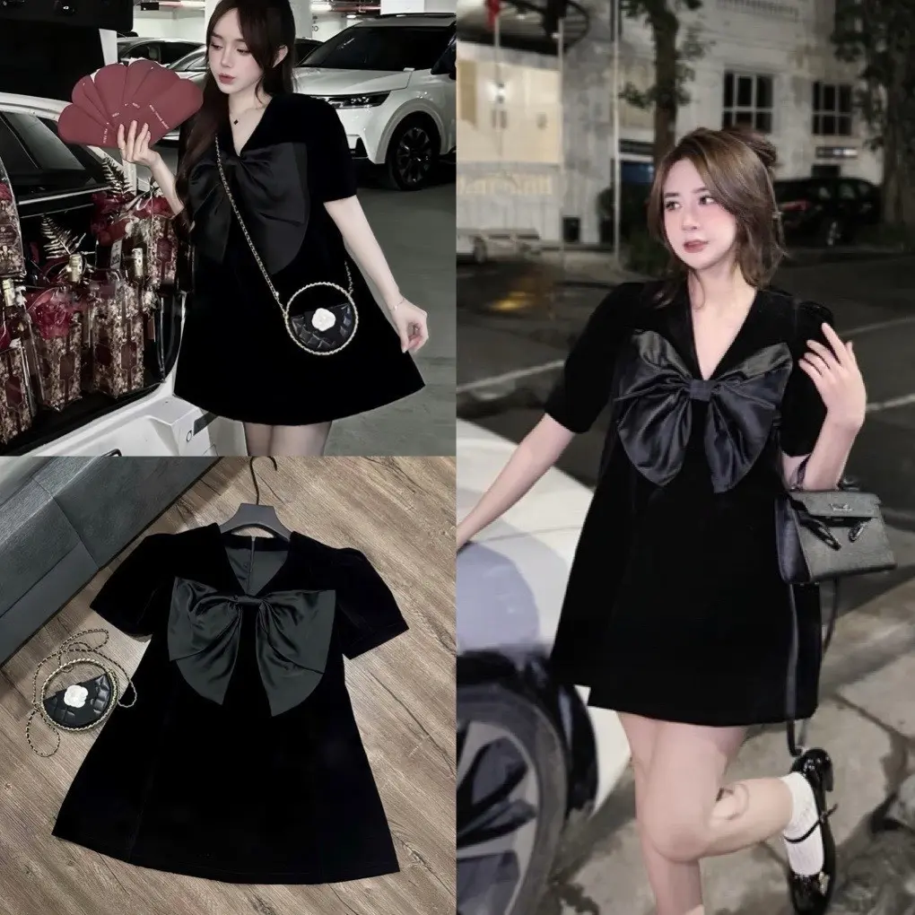 Đầm Bầu thời trang màu đen basic dáng A form rộng - Váy Đũi Đính Nơ Ngực From Suông Rộng Chất Đũi Mặc Hè Mát