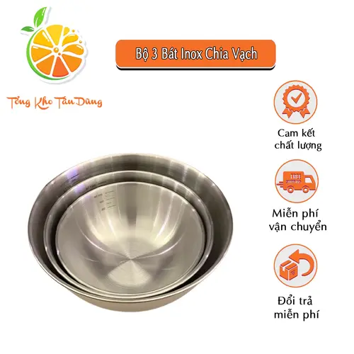 Set 3 Bát Trộn Bột Inox Chia Vạch -Bộ 3 Bát Inox Trộn Salad, Ướp Thịt, Đánh Trứng- Thau Đựng Thực Phẩm Đa Năng