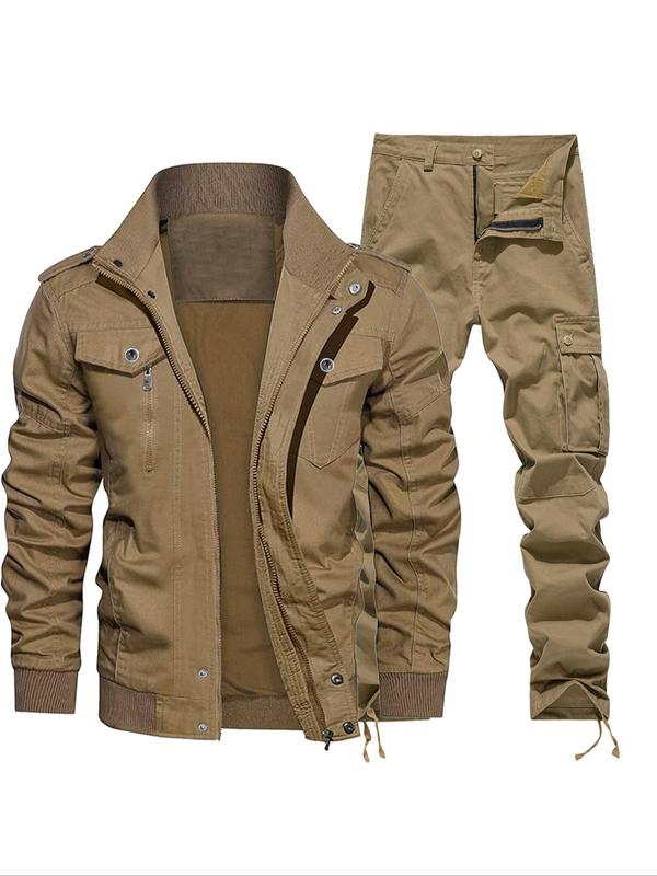 Men's Solid Color Zip Up Jacket & Pants Two-piece Set, Regular Fit Casual Fashion Cozy Breathable Two Piece Outfits for Daily Outdoor Wear, Men Clothes for Spring & Fall, Apparel, Menswear 3