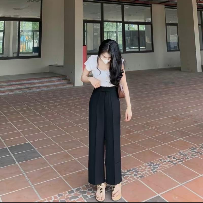 {Suông dài} Quần ỐNG SUÔNG nữ 2 nút lưng cao co giãn vải cotton hàn có bigsize Pants