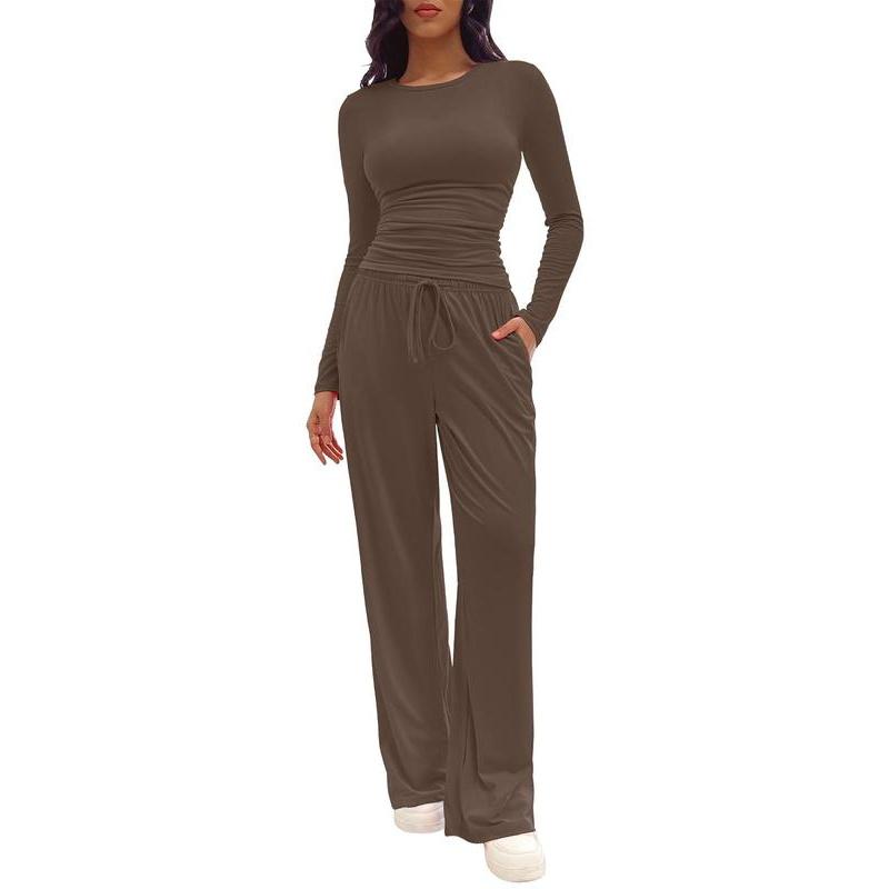 Two-piece Set Women's Solid Ruched Tee & Drawstring Pocket Pants Lounge Set, Casual Long Sleeve T-shirt & Elastic Waist Trousers, Pyjamas for Women, Ladies Sleepwear for All Seasons,  Lounge Tracksuit Women 7