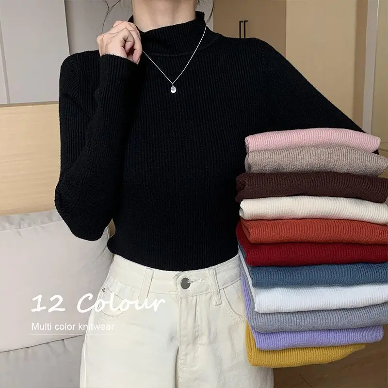 Áo Len Thu Đông, Cổ Lọ Nửa Cho Nữ, Phong Cách Phương Tây dễ phối đồ Áo Chui Đầu, Có Thể Mặc Bên Trong, Áo Len Mặc Trong, Thời Trang, Hàng Mới Về Năm 2024