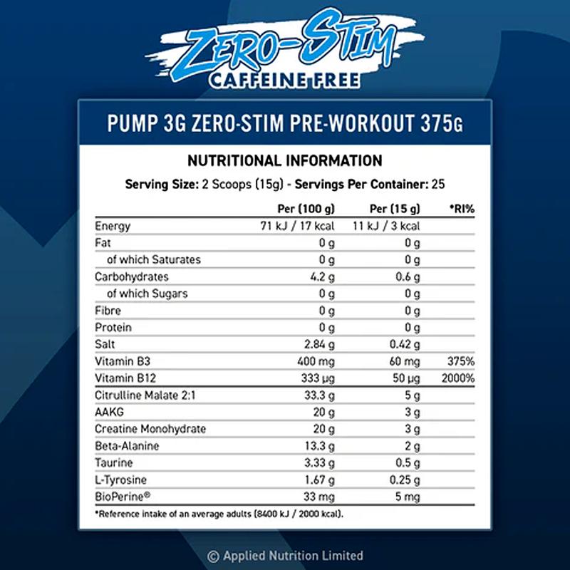 Applied Nutrition Pump 3G Zero Stim - Không Cafein Pre Workout (375g) 50 Scoops 1