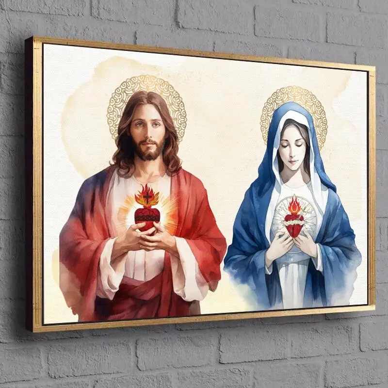Poster Lukisan Kanvas, Hati Kudus Yesus dan Maria, Gambar Seni Dinding Agama, Sesuai untuk Hiasan Rumah Bilik Kristian dan Katolik, Hiasan Rumah