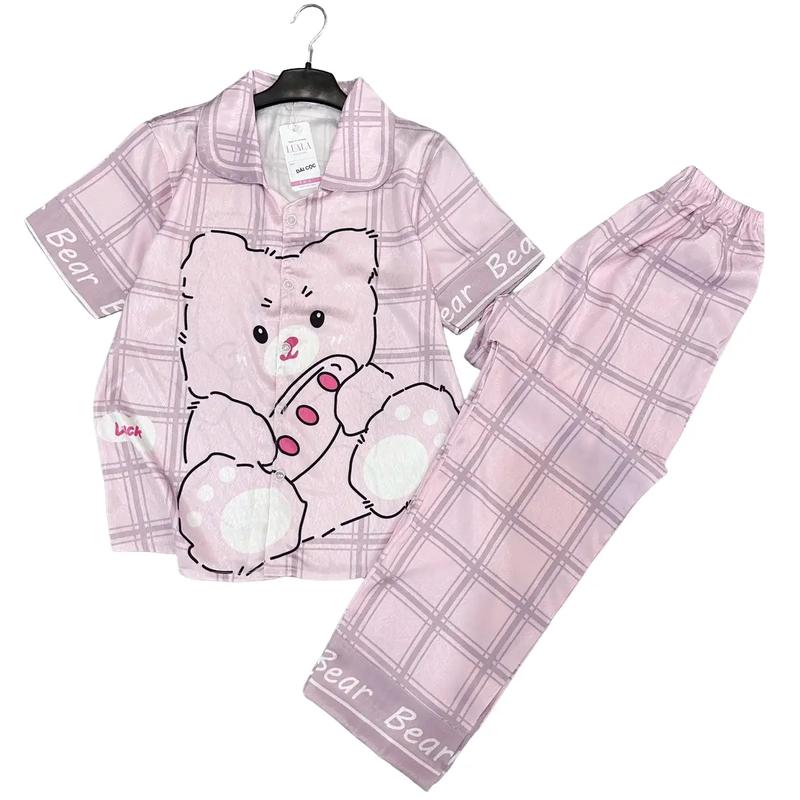 Set bộ ngủ mặc nhà lụa xước nữ cộc dài có sz 40-65kg đồ macnha Women pizamanu pijama ladder Voi Thun 0