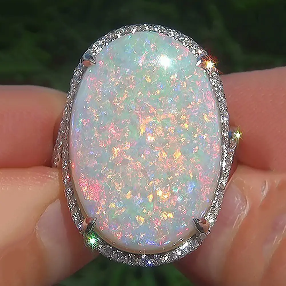 Fashion Women Super Shining Oval Shape Artificial Opal Ring Finger Jewelry Gift