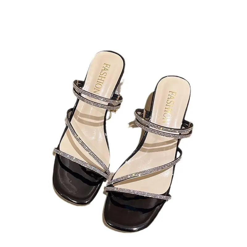 Trendy Rhinestone New Summer Sandals for Women with Chunky Heels, Fairy Style Two-Way Wear Sandals