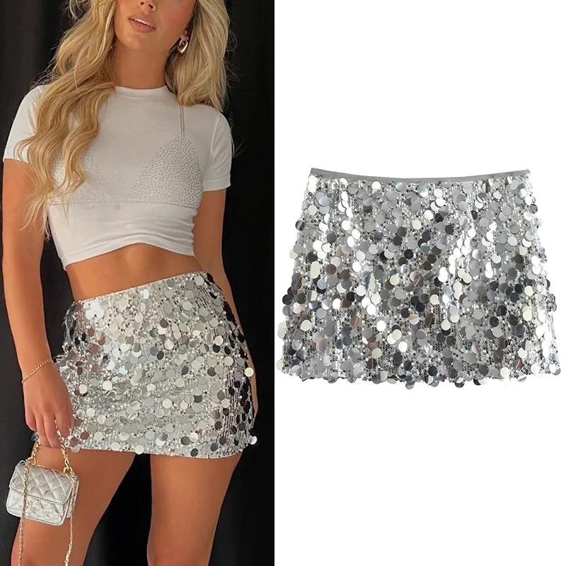 TikTok Shop TRAF Silver Sequin Skirt Woman High Waist Mini Skirt Woman Fashion Shiny Glitter Elegant Short Skirts For Women 2024 Y2k Skirts Womenswear Bottom