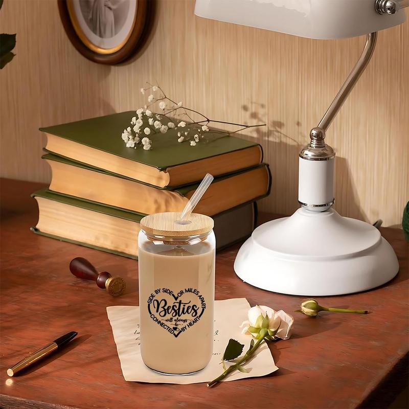 Product Introduction of Heart Besties Letter Pattern 16oz Glass Cup Set, 1 Set Clear Glass Cup with Lid & Straw & Brush, Drinking Cup for Home Office Use 4