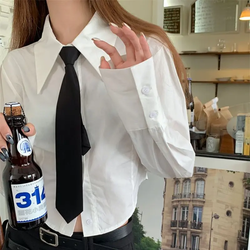 Áo Sơ Mi Hở Eo, MEXZT, Dành Cho Nữ, Thời Trang Hàn Quốc, Phong Cách Preppy, Thiết Kế Cà Vạt Jk, Áo Cánh Dài Tay, Thích Hợp Cho Học Sinh Và Sinh Viên, Cổ Điển Và Dáng Ôm, Áo Dễ Phối Đồ Màu Trơn Top Women Shirt