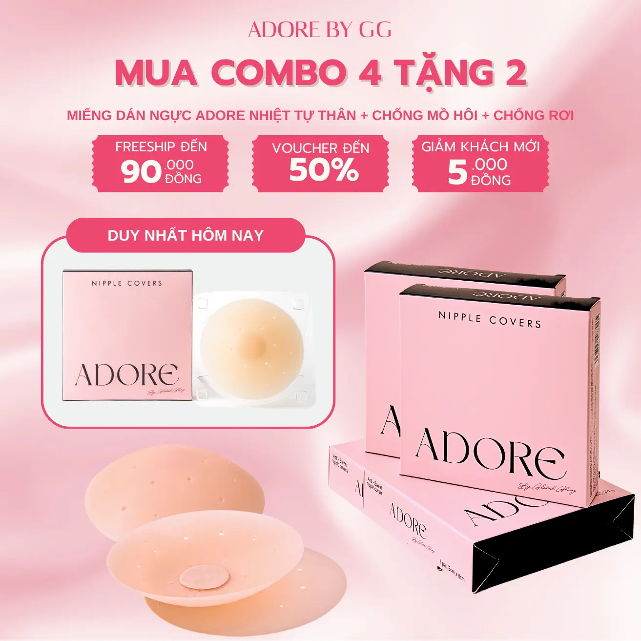 [MUA 4 TẶNG 2] ADORE Miếng Dán Ngực Silicone Cao Cấp Siêu Mỏng Sử Dụng Nhiều Lần, Phụ Kiện thời trang cao cấp Nữ Cao Su mieng  danchong
