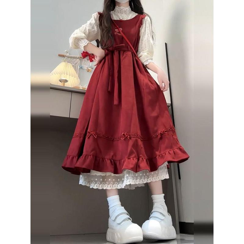 Váy Hai Dây, Một Mảnh, Phong Cách Preppy, Eo-Bó Sát Thắt Nơ, Bó Sát, Dành Cho Học Sinh Nữ, Phong Cách Hàn Quốc, Váy Vest Dáng Rộng Women Dress 0