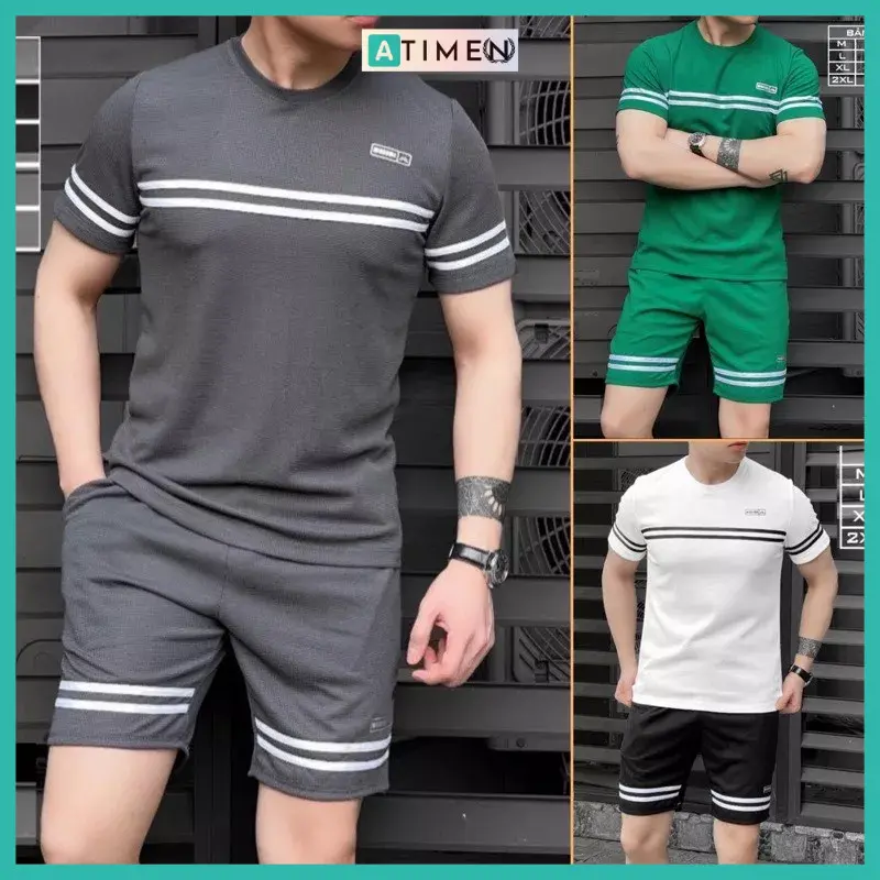 Bộ thể thao chất vải xốp thái co giãn 4 chiều, sét đồ bộ nam thiết kế phối kẻ ngang phong cách trẻ trung