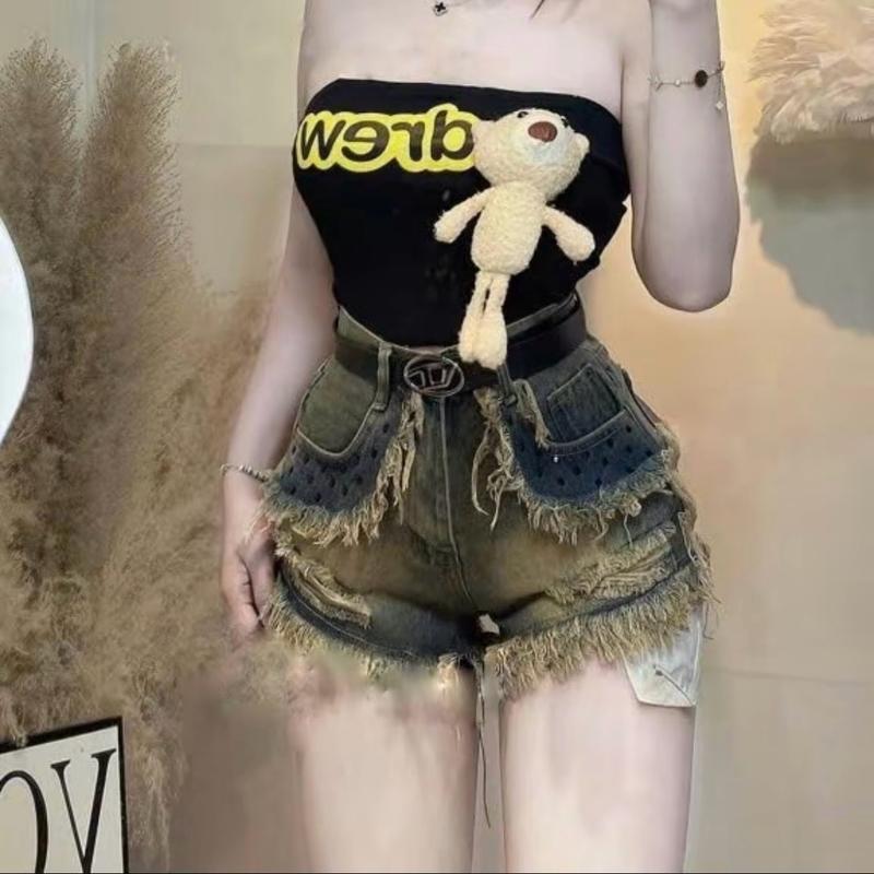 Quần shorts đùi jean nữ lòi túi tua rua đính đinh