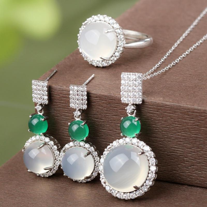 Elegant Fashion Natural zircon Stud Earrings Ring Pendant Necklace Fashion accessories Set High Ice Perfect zircon Three-Piece Set Anniversary Auspicious Birthday 1