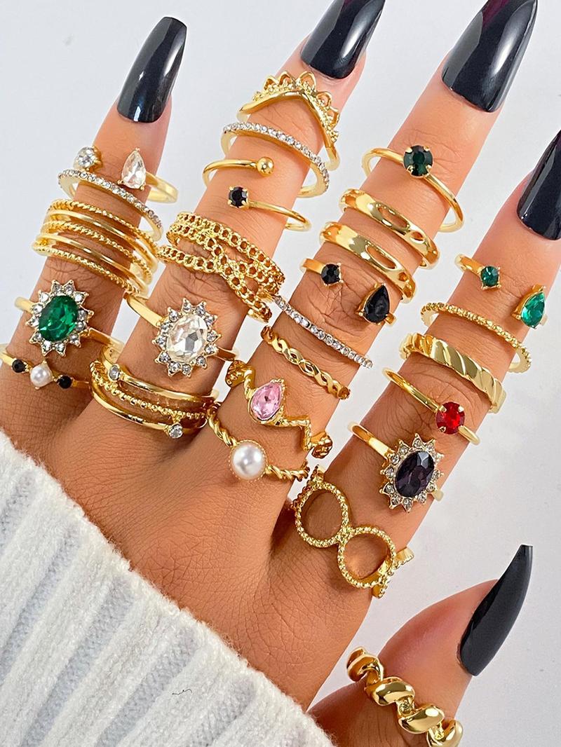 Product Introduction of Boho Style Hollow Out Design Ring Set, Fashion Artificial Gemstone & Faux Pearl Decorated Ring for Women & Girls, Trendy All-match & Exquisite Jewelry for Birthday Gift 0