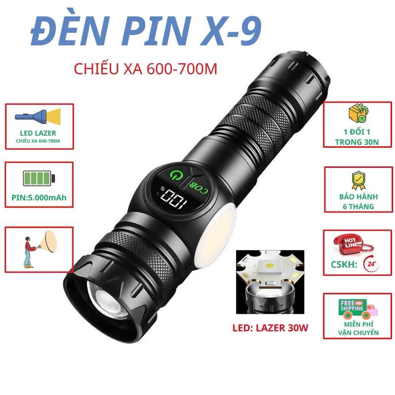 Đèn Pin[X9] Cầm tay Siêu Sáng Zoom xa 800m, Thân full Hợp kim Nhôm, 9 chế độ chiếu sáng, Sạc Type-C, Kèm pin 26650 dung lượng 5000mAh, led hiển thị % pin... đèn  pin x9