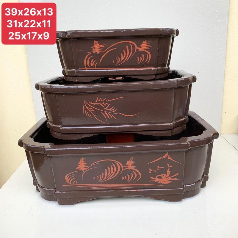 GV. Chậu Chữ nhật bonsai cây cảnh men xanh gốm Bát tràng 3 size SP883
