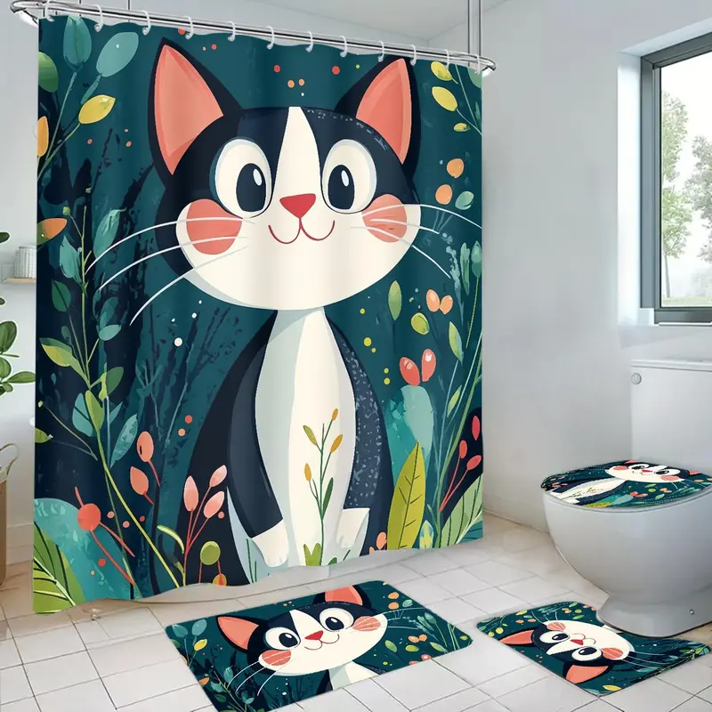 Cat Pattern Bathroom Decor Set, 4 Counts/set Including Shower Curtain & Toilet Lid Cover & Bath Mat & U-shaped Mat, Bathroom Accessories 0