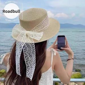 ROADBULL2026新作女性用麦わら帽子,つば広ビーチサンハット,ファッショナブルで多目的なレースリボン払ういき日よけ帽子