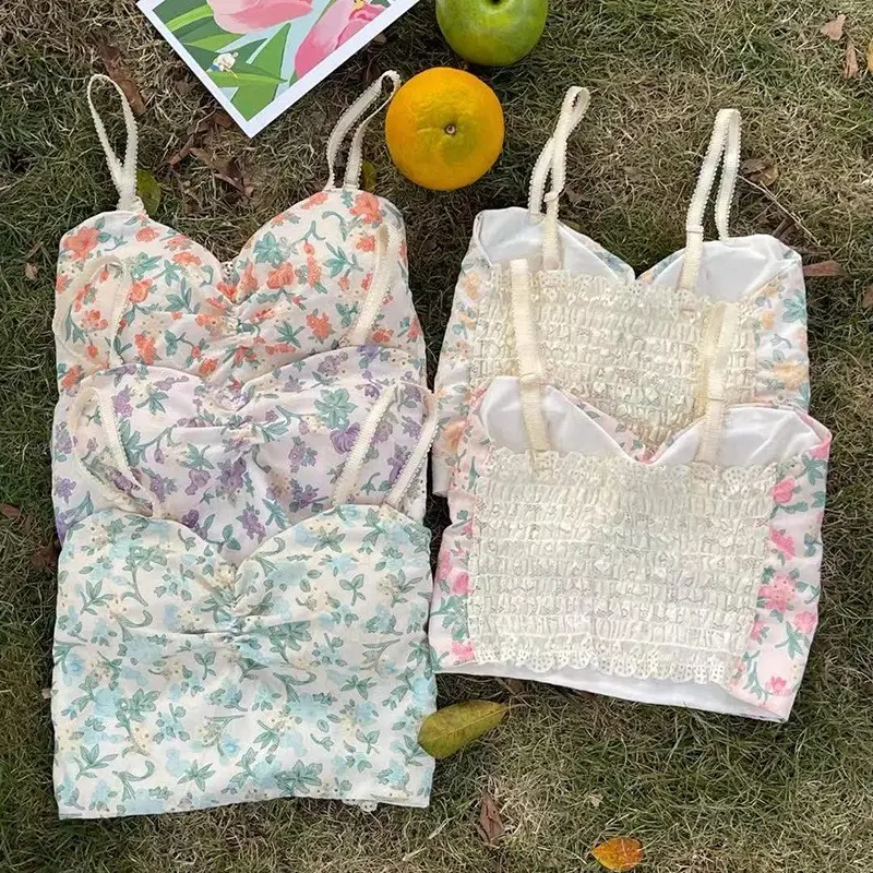 Comfitstore Und334 Tanktop Pantai Wanita Motif Bunga Bagian Dada Kerut Jiso Lembut Nyaman Busa Panjang Pink Kotak Pita 1