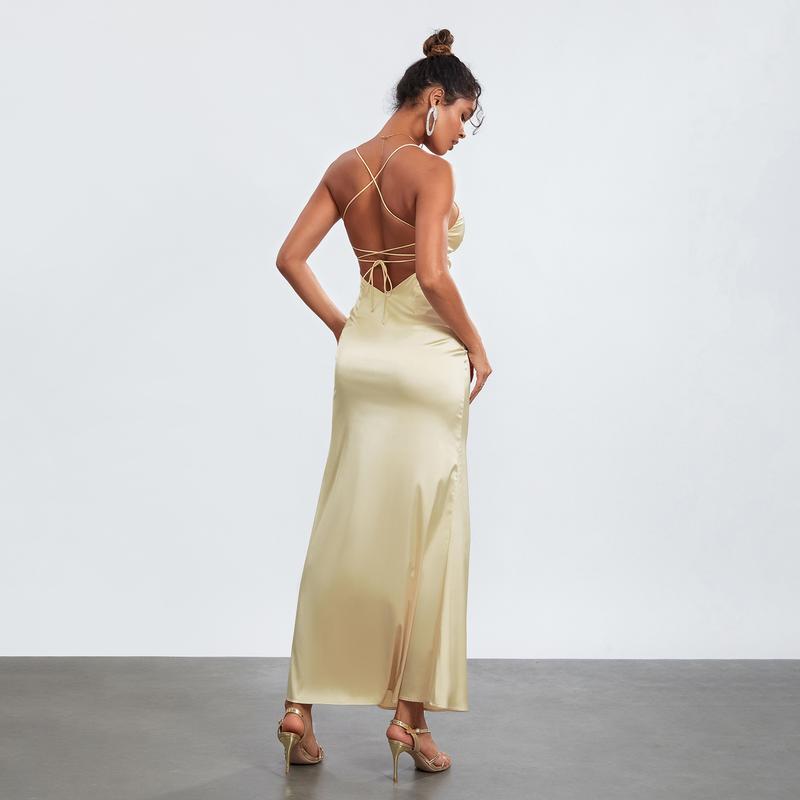 Product Introduction of Women's Summer Long Slip Dress Solid Color Sleeveless Spaghetti Strap Low Cut Backless Slim Dress 41