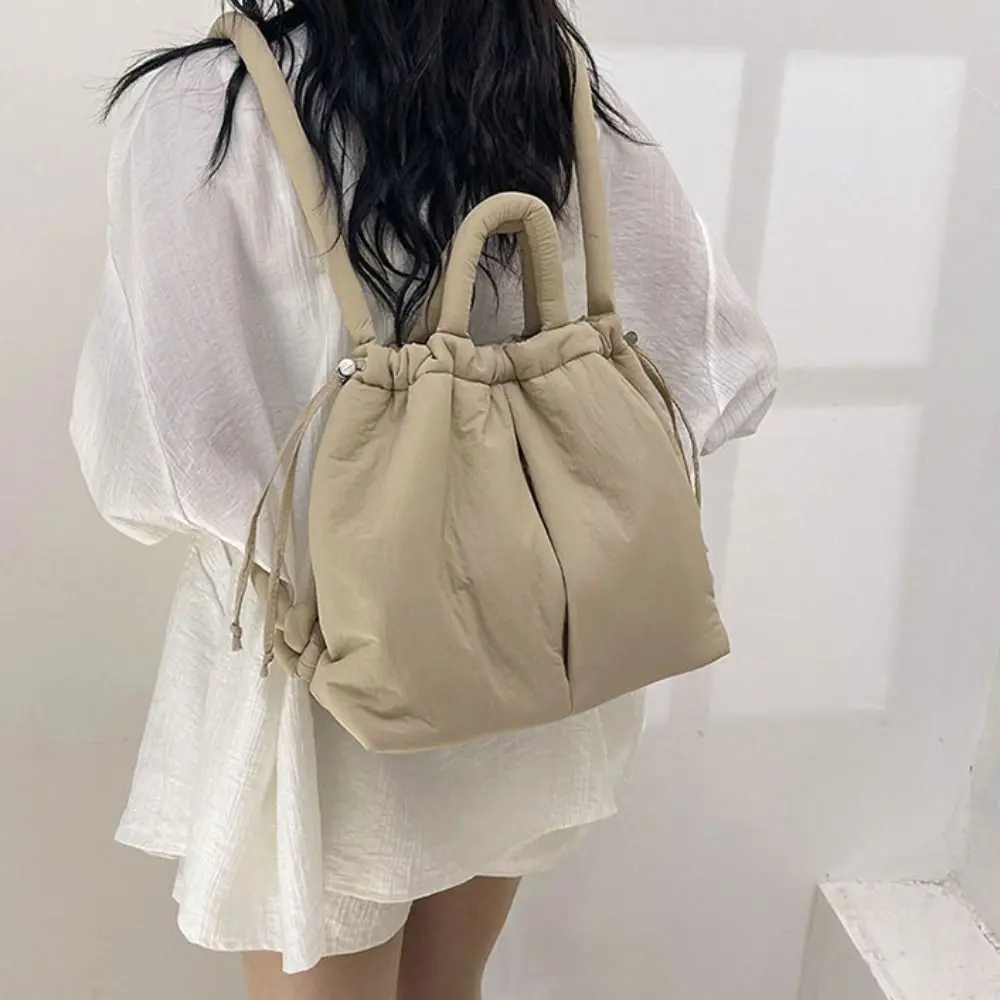 Casual Solid Color Drawstring Tote Bag Soft Dual-purpose Nylon Padded Tote Bag Puffy Handbag Drawstring Backpack Workout