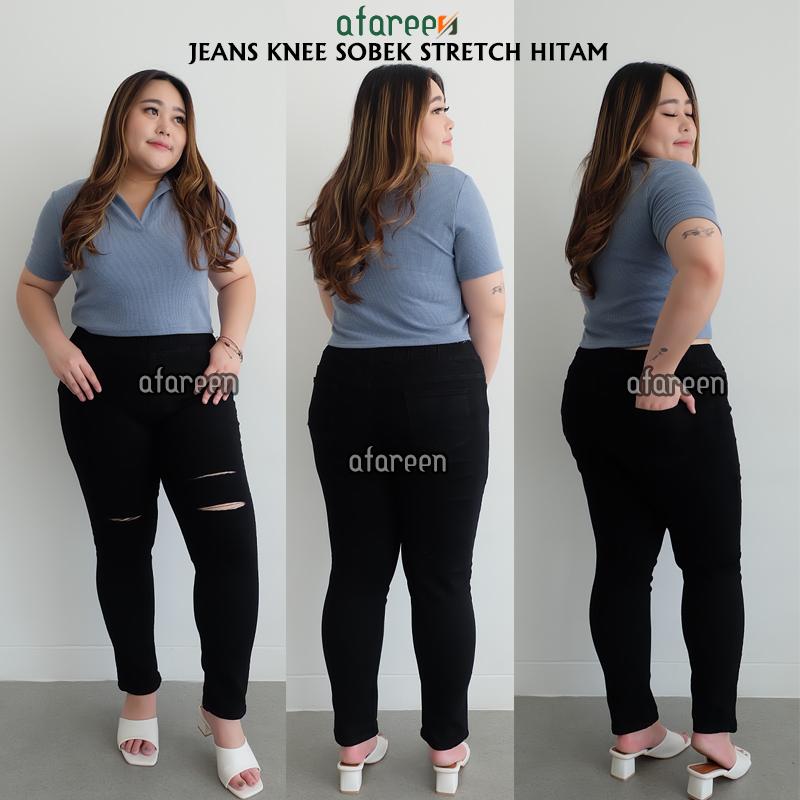 Afareen - Jeans Pinggang Karet Jumbo Ripped Celana Jeans Sobek Wanita Knee Legging Jeans Jumbo Size 31-43 6