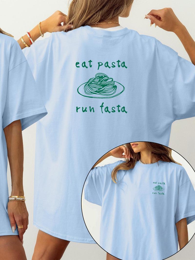 Product Introduction of Women's Eat Pasta Run Fasta Funny Graphic Tee, Casual Pastaria Lover Short Sleeve T-shirt for Summer, Ladies Clothes for Daily Wear 5