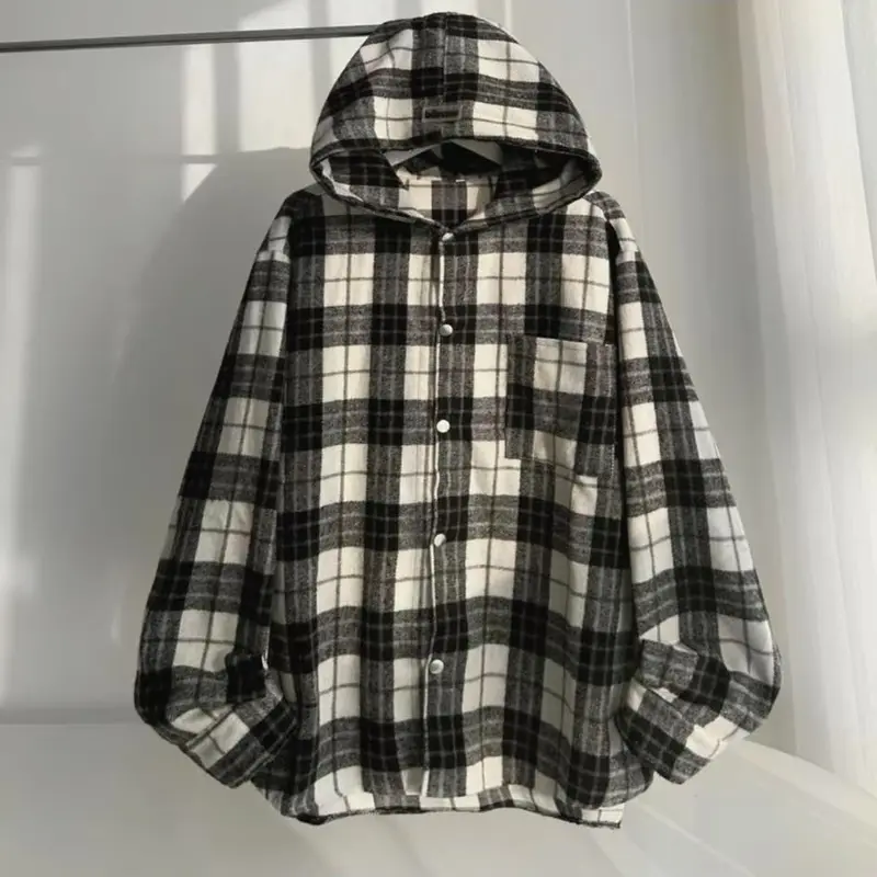 Áo Sơ Mi Áo Chống Nắng Flannel Tay Dài Caro Có Nón Tag Dessuu Form Nam Nữ (Nỉ Dạ) Menswear Shirt   áo  & áo choàng Nhung áo khoác bing 3