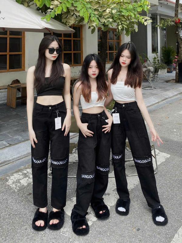 Quần bò jeans ống suông thêu Chữ Gối phối dây tua, quần jeans ống rộng mặc đôi nam nữ [màu đen] 3