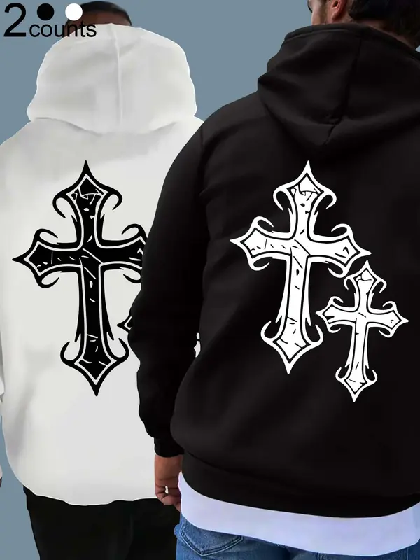 Men's Cross Print Pocket Drawstring Hoodie, Regular Fit Casual Long Sleeve Hooded Sweatshirt, Men's Fall & Winter Clothes for Daily Wear 7