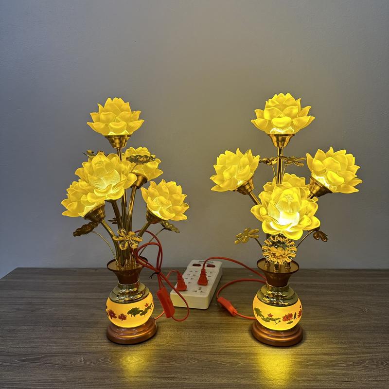 Cặp đèn hoa sen lưu ly 5 bông giá tính 1 cặp đèn thờ ban phật ban gia tiên ban thần tài tặng kèm bóng dự phòng