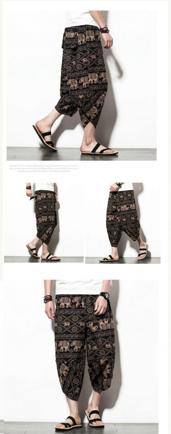 Product Introduction of Wind Cotton Linen Harem Pants Summer Beach Cropped Pants Men's Loose plus Size Bloomers Wind Flower Pants Trendy sweat  shorts jorts  pants linen  shorts  men 6