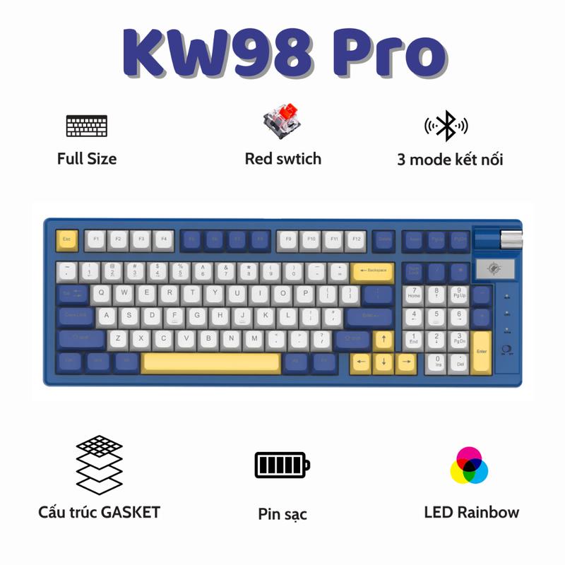 ( Siêu Rẻ ) Bàn phím cơ không dây bluetooth ATAS KW98 Pro 3 Mode kết nối Pin sạc - Red swtich - Có Hot-swap - Led Rainbow