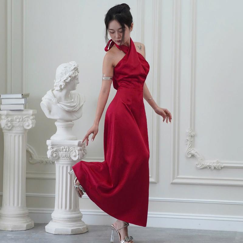 Váy Tiểu Thư Dáng Dài 2 Lớp Thắt Nơ SilkChic 361 Đầm Lụa Dự Tiệc Hở Lưng Cổ Chéo Sang Trọng Nữ Women Dress 3