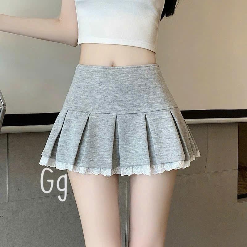Có dây kéo bên hông Chân váy ngắn lưng bản to xếp ly viền ren chất cotton tici MS0062 top women