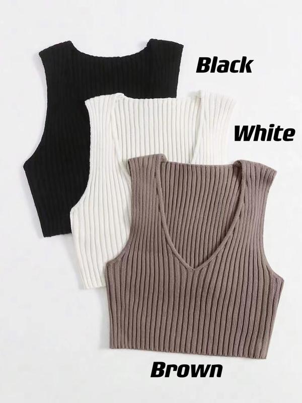 Women's Plain Ribbed V Neck Cropped Sweater Vest, Comfy Clothes for Girls, Casual Sleeveless Crop Knit Top, Summer Outfits 2024, Summer Clothes, Women's Knitwear for Daily Wear 5