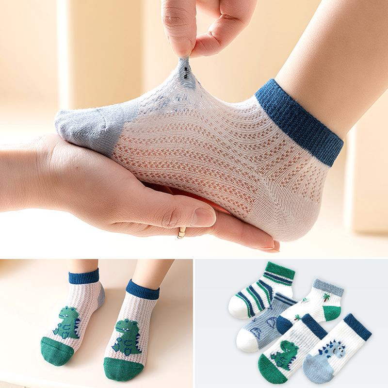 Tất Lưới Mùa Hè, 5 Cặp / Bộ, Cho Em Bé Và Trẻ Em, Thiết Kế Khủng Long Hoạt Hình Dễ Thương, Tất Bắp Chân Mỏng, Chất Liệu Cotton Mềm Mại, Thoáng Khí, Thích Hợp Cho Bé Trai Và Bé Gái, Tất Ngắn