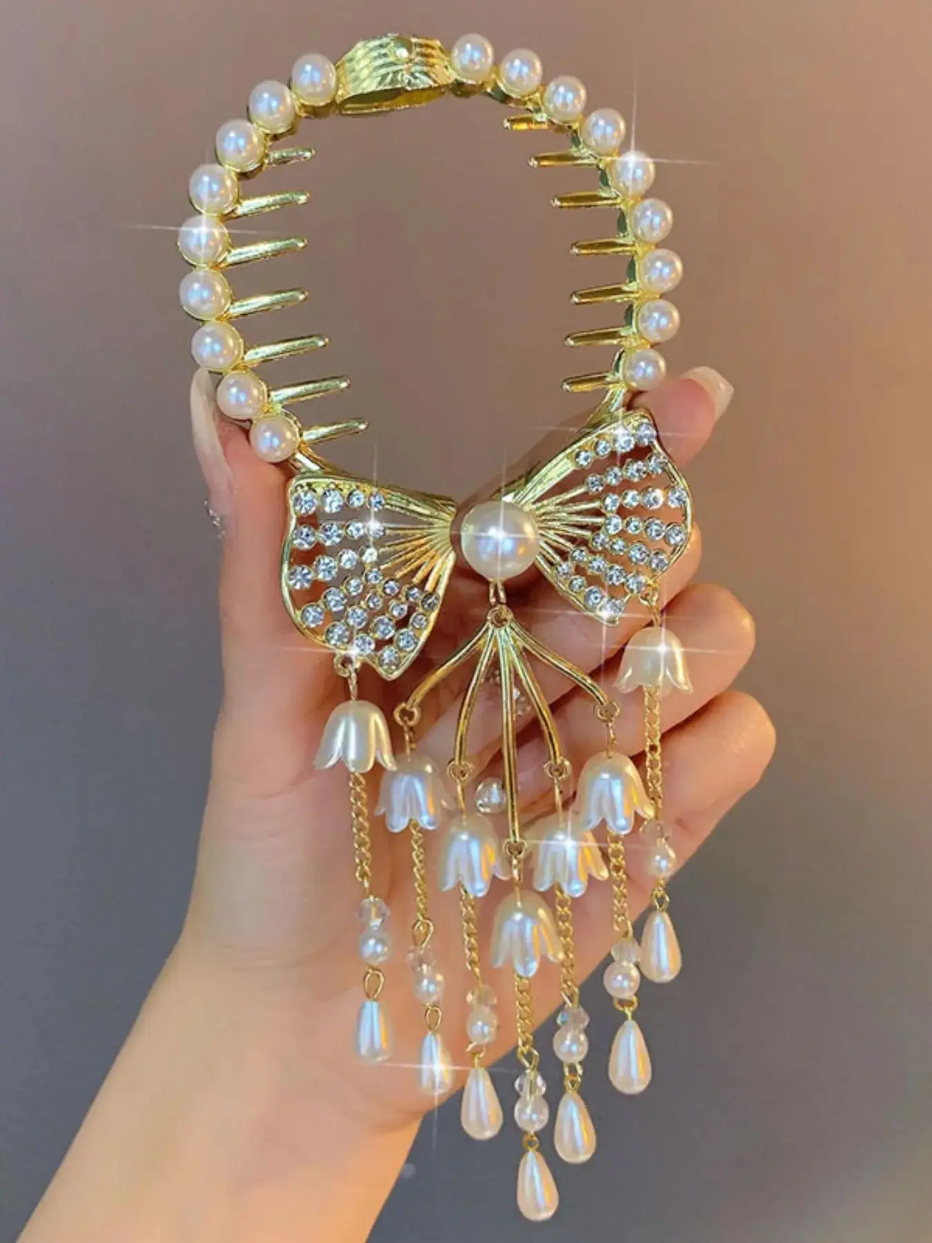 Trendy Rhinestone Decor Bow Banana Clip, Elegant Faux Pearl Flower Design Kawaii Accessories for Women, Trendy Matching Hair Clip for Daily Outfit