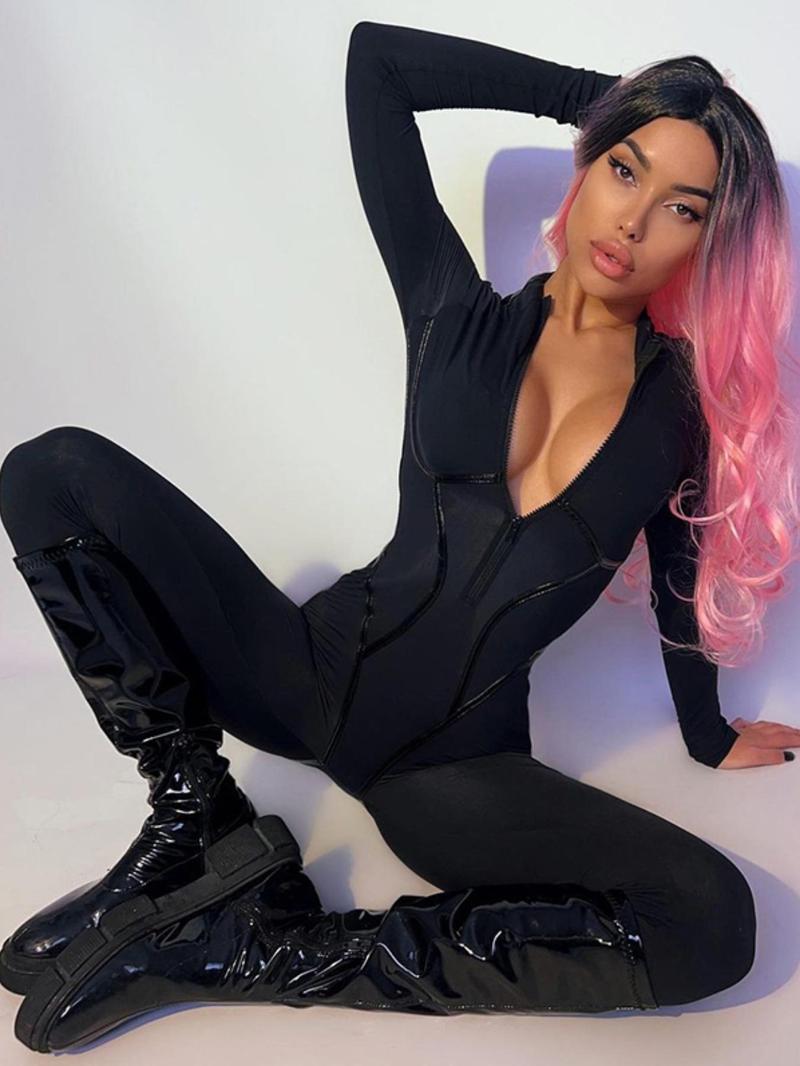 Product Introduction of Women's Plain Zipper Tight Sleeve Gyatt Jumpsuit, Mock Neck Long Sleeve Skinny Jumpsuit for Women, Ladies Sportswear Clothing for Indoor Outdoor Wear Valentine's Day, gift 6