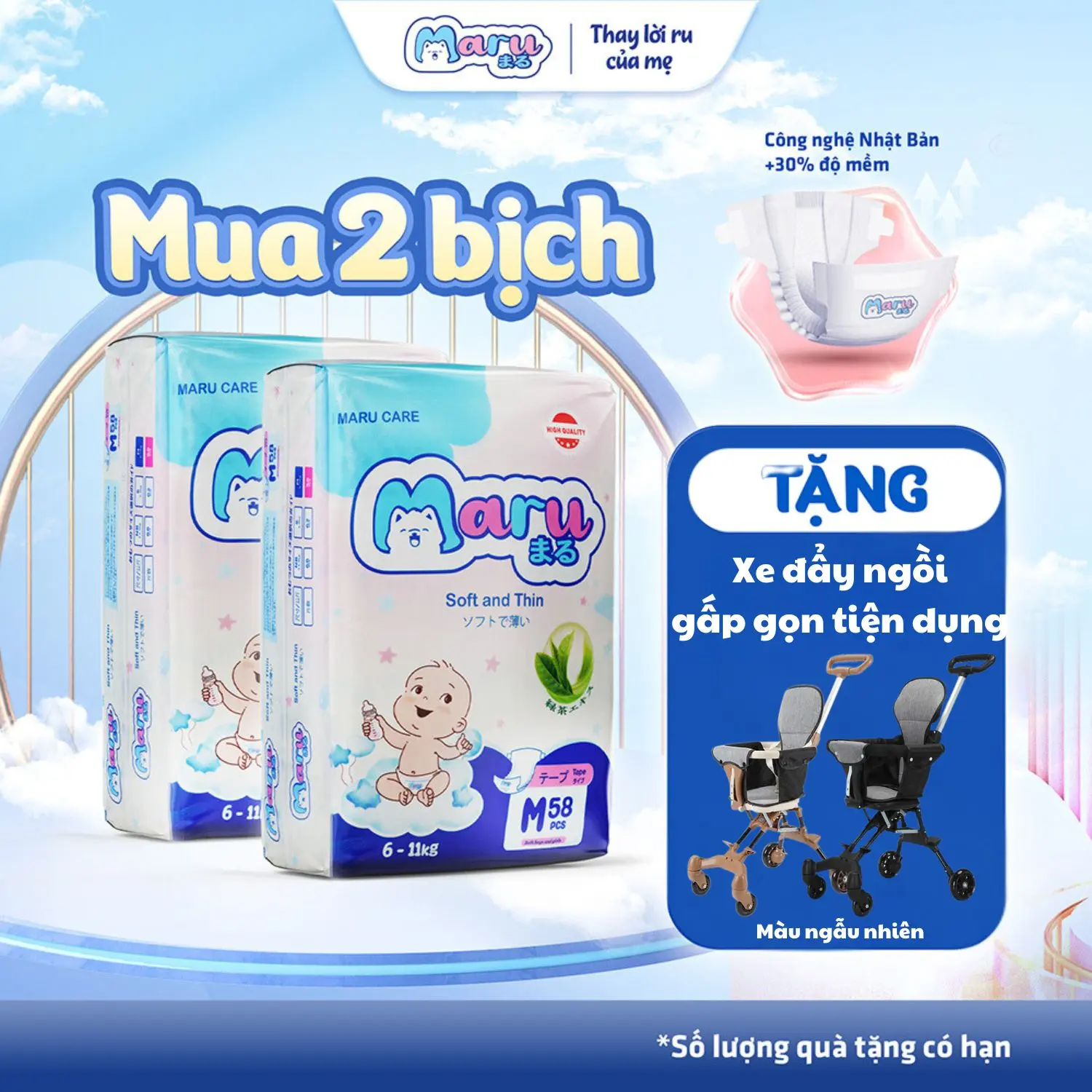 [SĂN LIVESTREAM - tặng XE ĐẨY NGỒI] Combo2 Tã Bỉm Maru công nghệ Nhật đai chun cạp cao, siêu thấm hút, siêu khô thoáng, siêu mềm mại