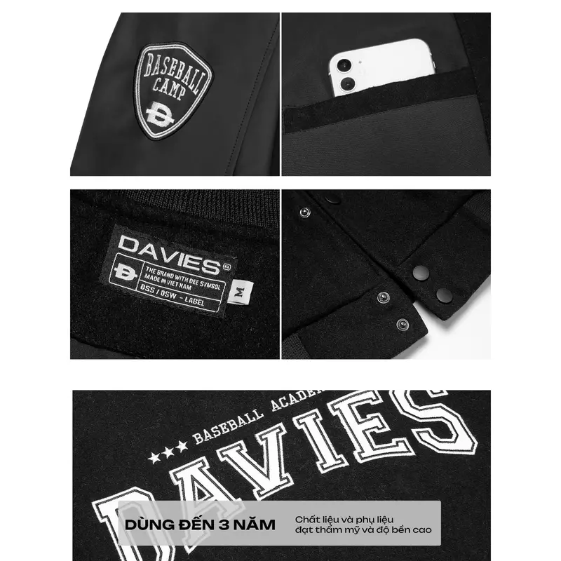Áo khoác varsity jacket nỉ tay da DAVIES nam nữ màu đen thêu logo form rộng 2 lớp Varsity Baseball Academy 5