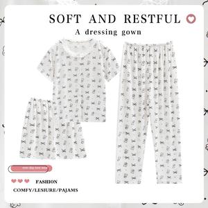 Womens Spring Summer New Ice Silk Ribbons Short Sleeve Pants Set