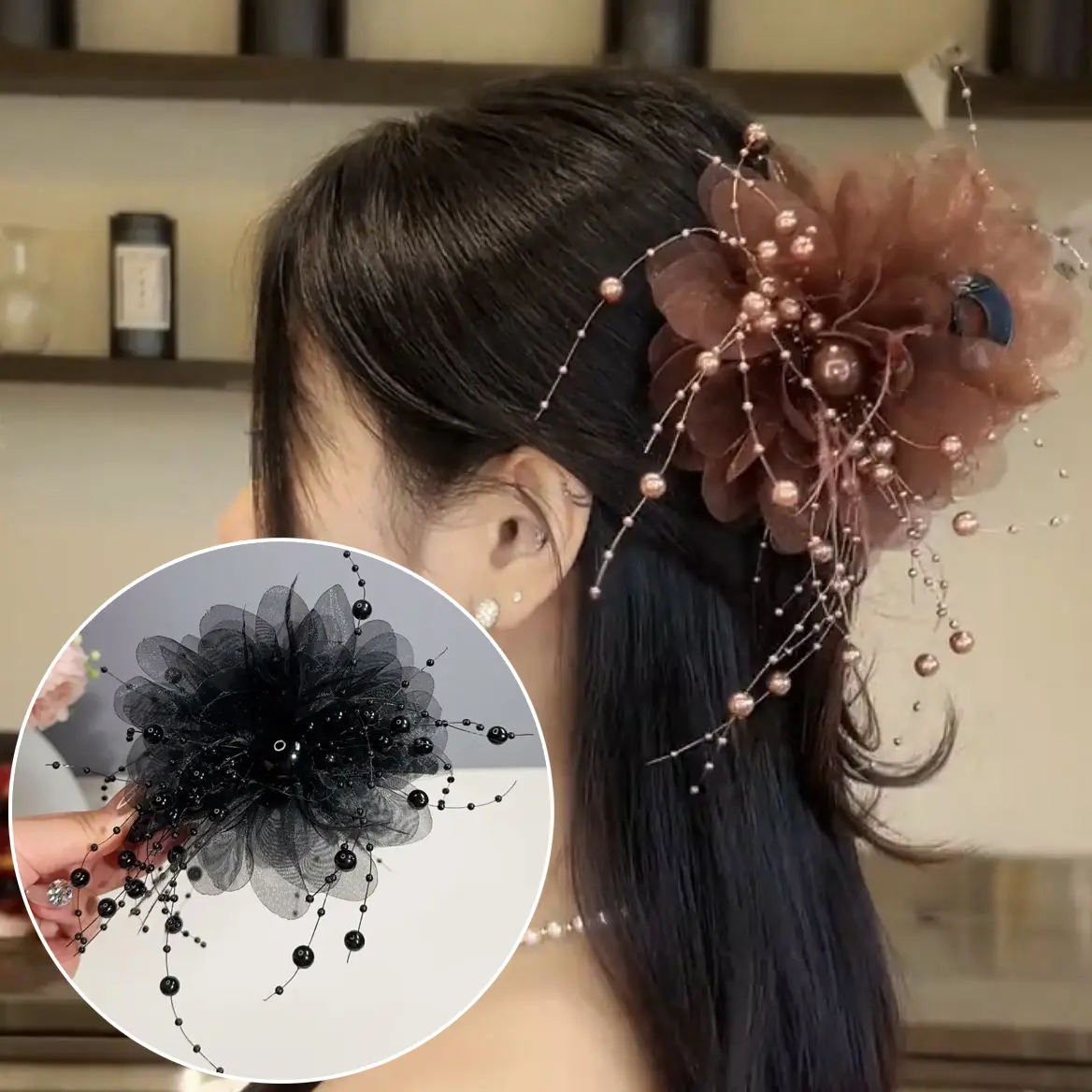 Kẹp Tóc Hoa Lưới, Thiết Kế Thanh Lịch, Dành Cho Nữ, Với Tua Rua Ngọc Trai, Kẹp Cá Mập, Thời Trang, Thích Hợp Cho Tóc Đuôi Ngựa Phụ Kiện Tóc