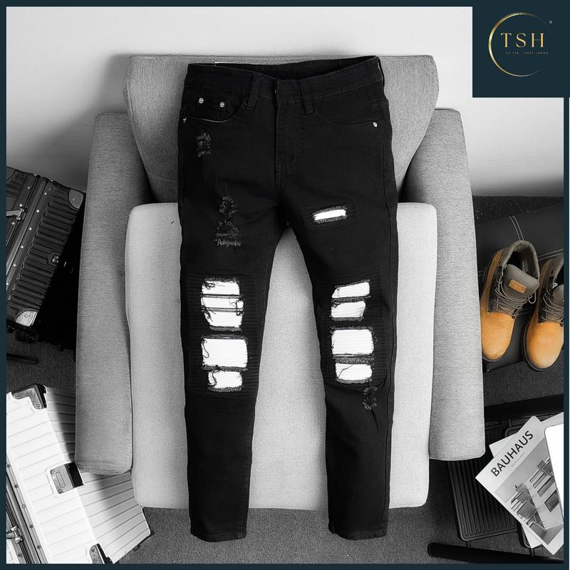 TSH - Mã Số QJN48 Quần jean nam vá da rách màu ĐEN có lót da trắng kiểu boy phố,chất liệu jean bò co giãn 4 chiều như hình chuẩn from dáng đủ size có nhiều mẫu mới dành cho nam HÌNH THẬT TỰ CHỤP Pants Menswear