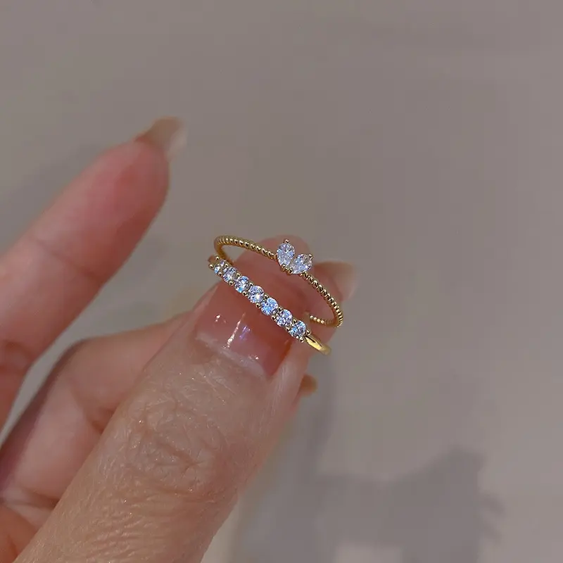 2Pcs/Set Delicate Crystal Heart Rings for Women Girl Accessories Adjust